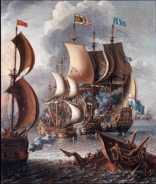Landscapes Painting - A Castro Lorenzo A Sea Fight with Barbary Corsairs Naval Battle